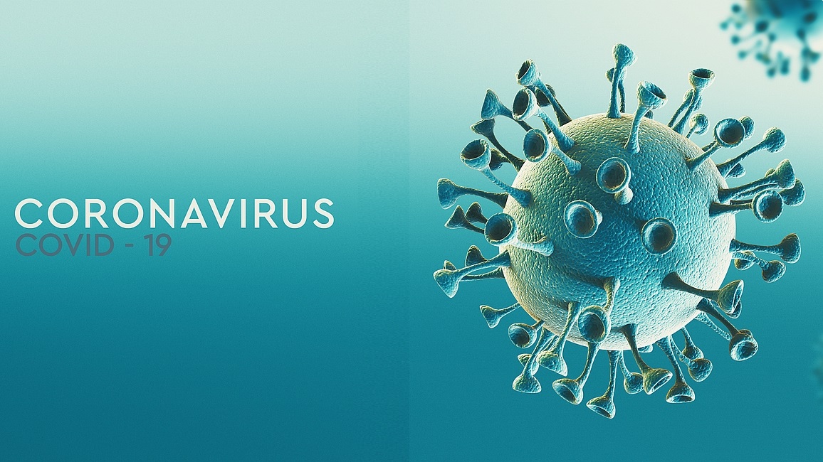 Das Wort Coronavirus und eine Darstellung des Virus